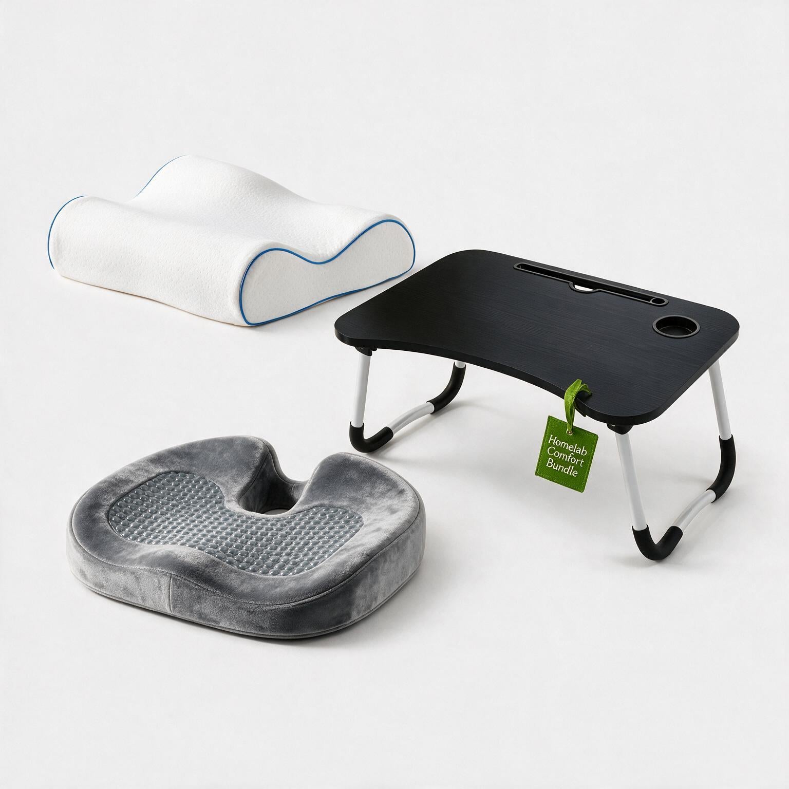 Combo Conforto Homelab: Travesseiro Cervical + Almofada Ortopédica com Gel + Mesa Dobrável para Notebook
