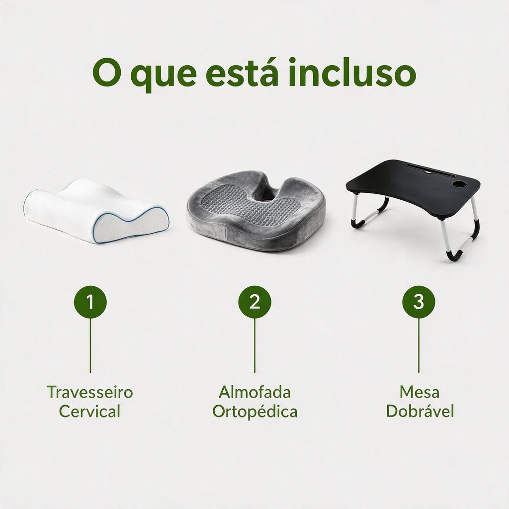 Combo Conforto Homelab: Travesseiro Cervical + Almofada Ortopédica com Gel + Mesa Dobrável para Notebook