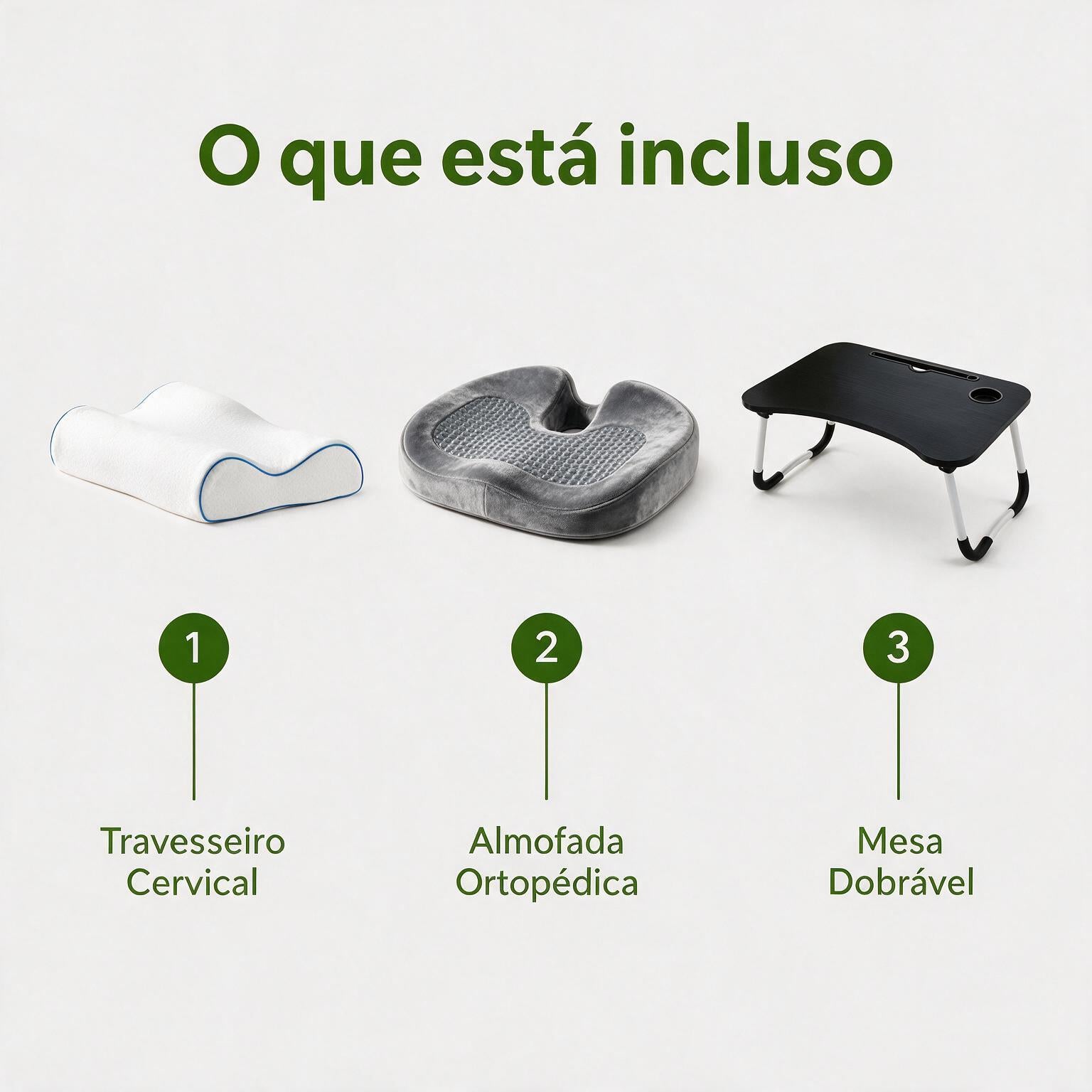 Combo Conforto Homelab: Travesseiro Cervical + Almofada Ortopédica com Gel + Mesa Dobrável para Notebook