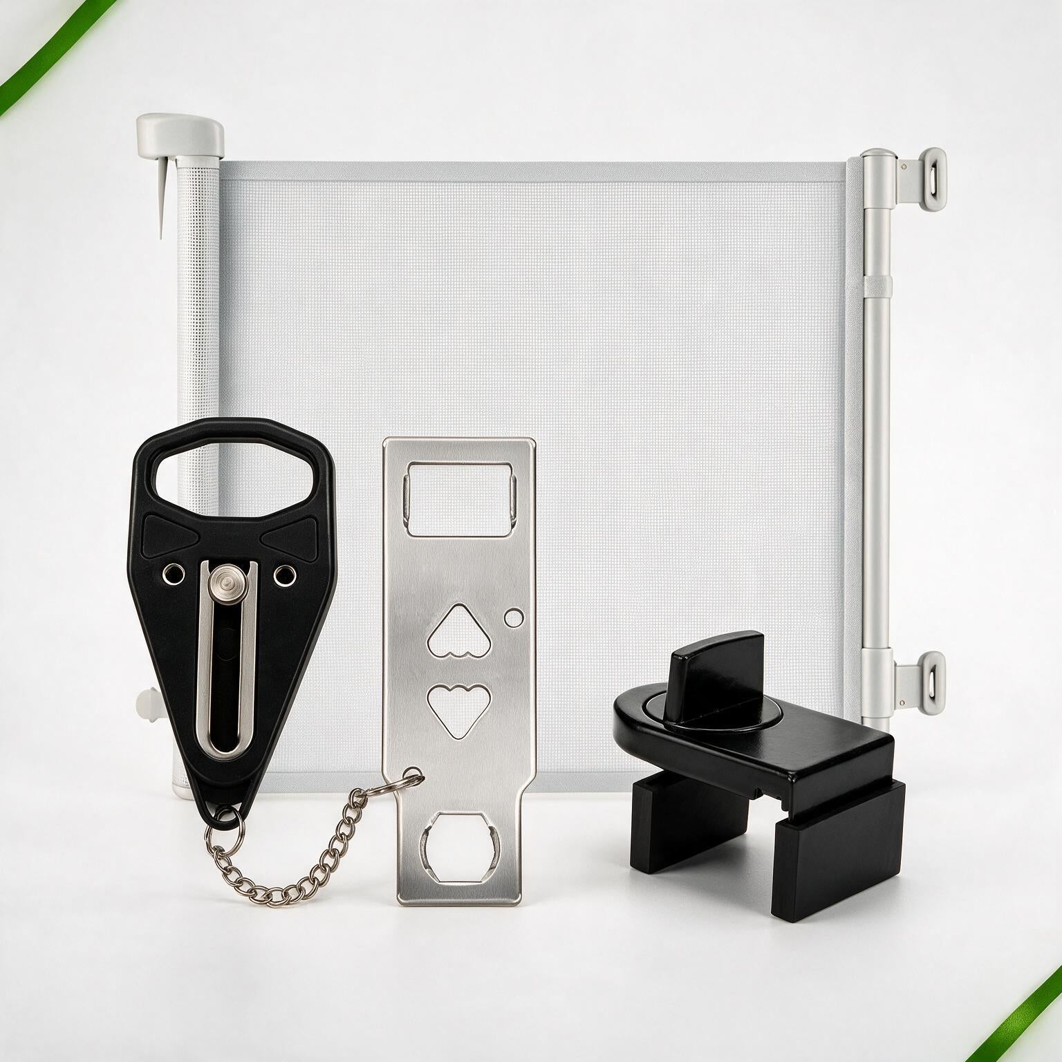 Combo Proteção Homelab: Fechadura Portátil + Grade de Proteção Retrátil + Trava de Janela de Correr