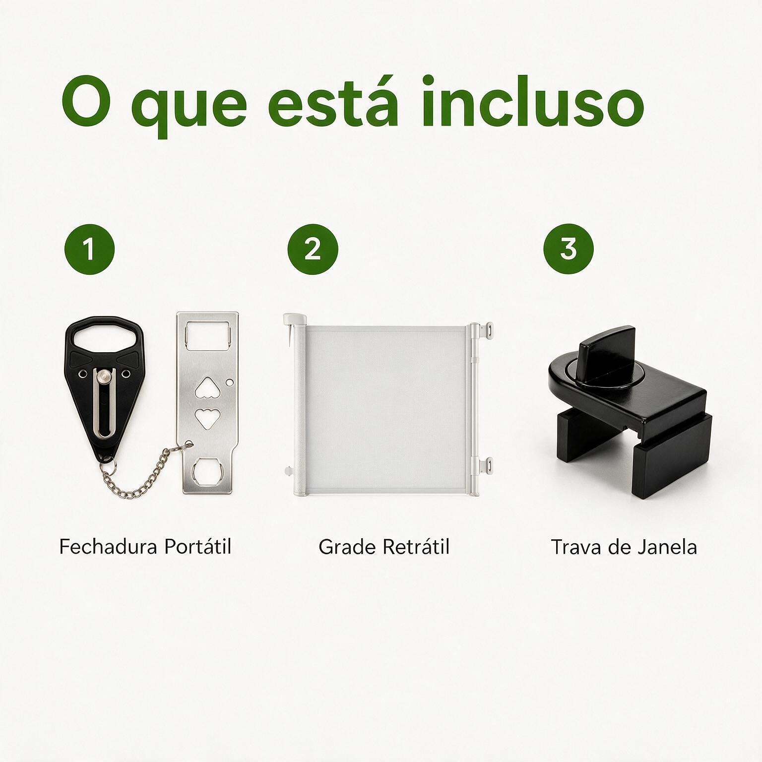 Combo Proteção Homelab: Fechadura Portátil + Grade de Proteção Retrátil + Trava de Janela de Correr