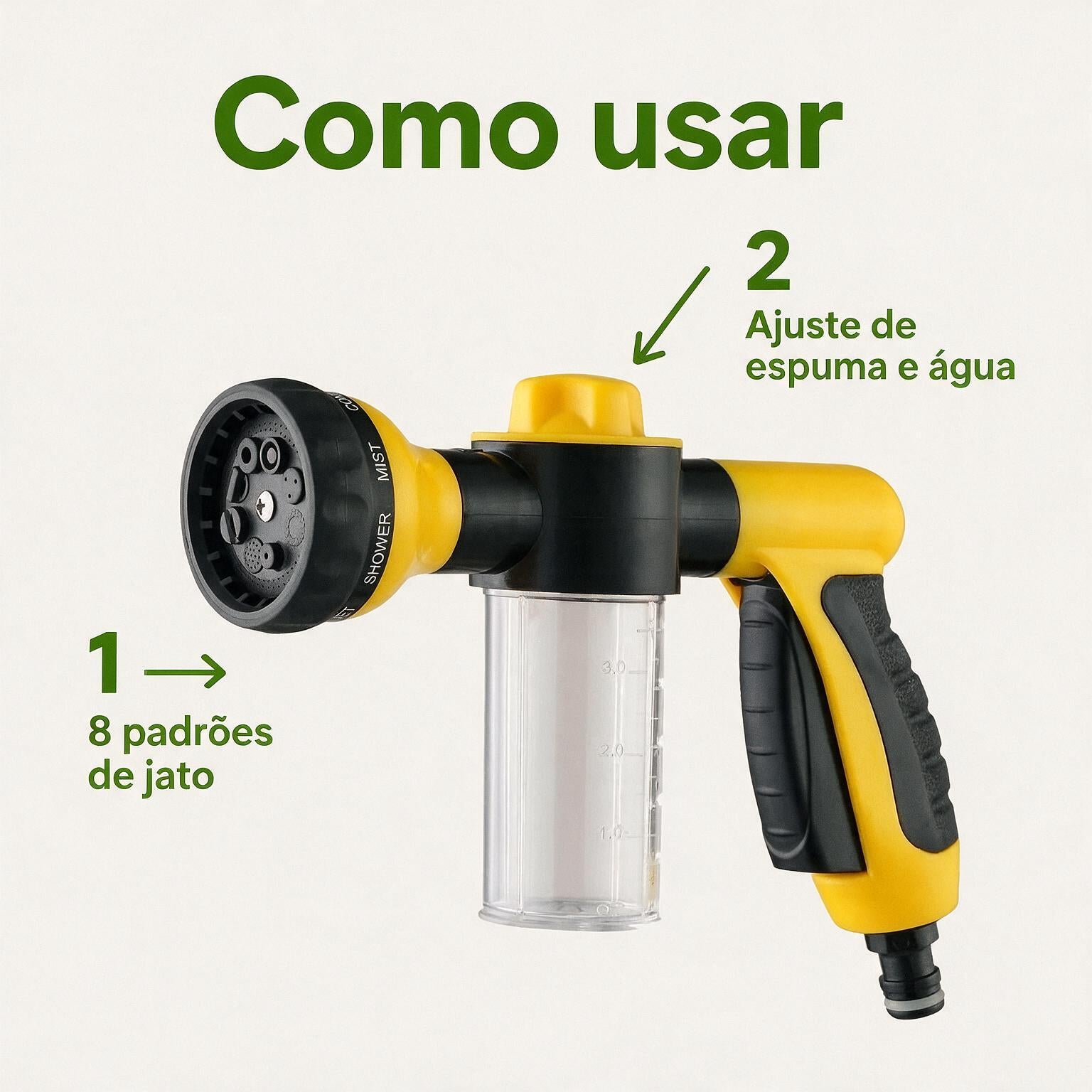 Esguicho de Alta Pressão 8 em 1 com Distribuidor de Sabão | Pistola para Lavagem de Carros, Janelas e Calçadas