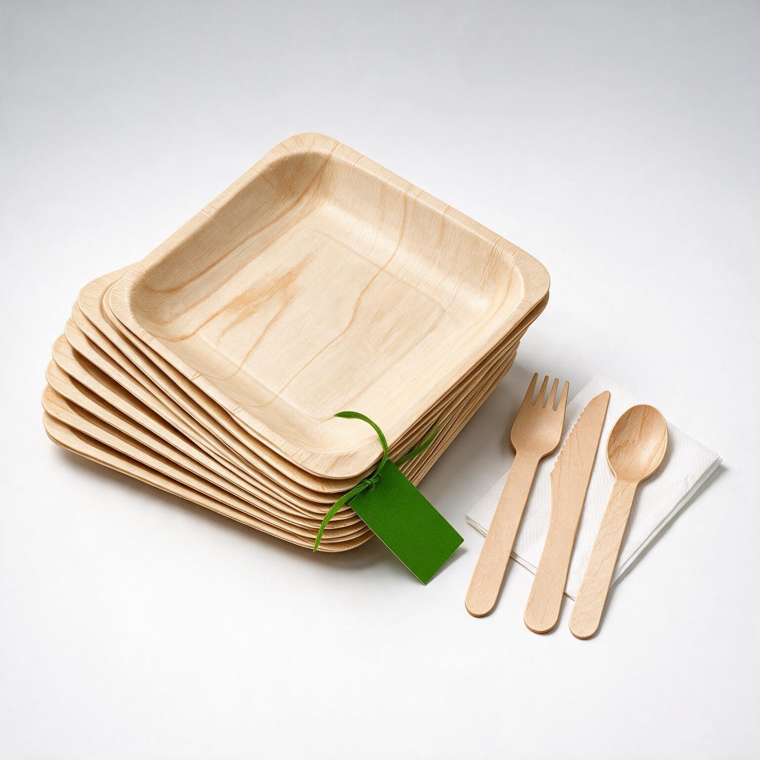 Kit Descartáveis Eco para Festa Homelab: 100 Pratos + 100 Kits de Talher (Garfo, Faca, Colher) e Guardanapo, Madeira Biodegradável
