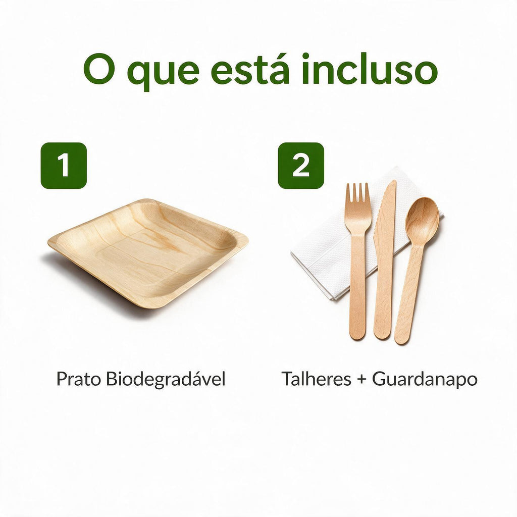 Kit Descartáveis Eco para Festa Homelab: 100 Pratos + 100 Kits de Talher (Garfo, Faca, Colher) e Guardanapo, Madeira Biodegradável