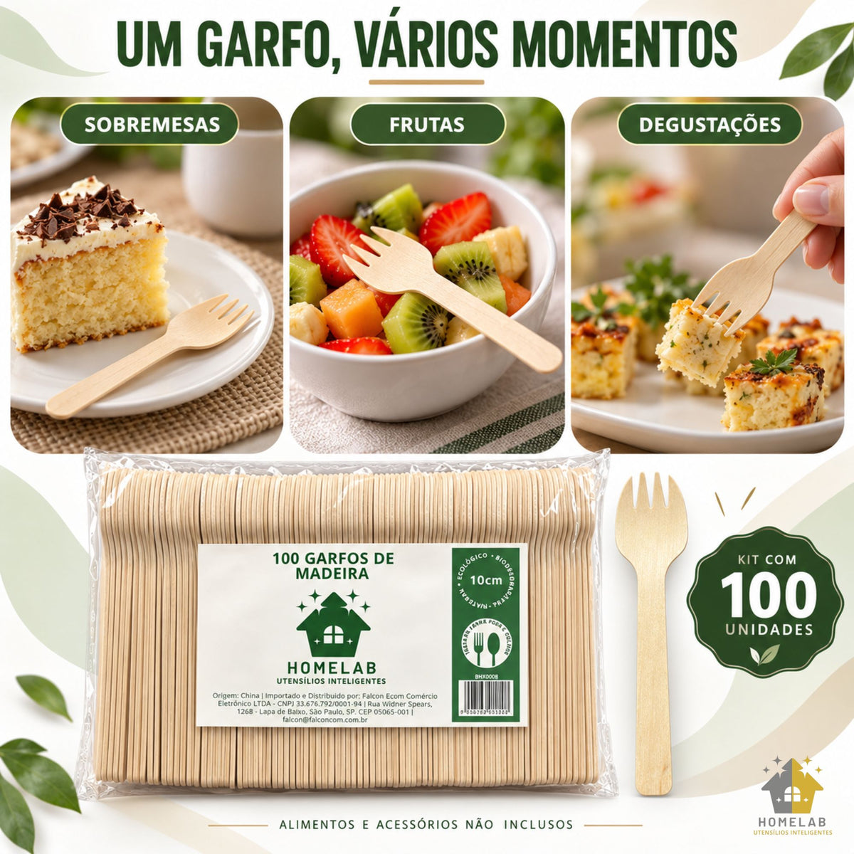 Homelab Kit 100 Unidades Garfos Descartáveis De Madeira Biodegradável 10 cm