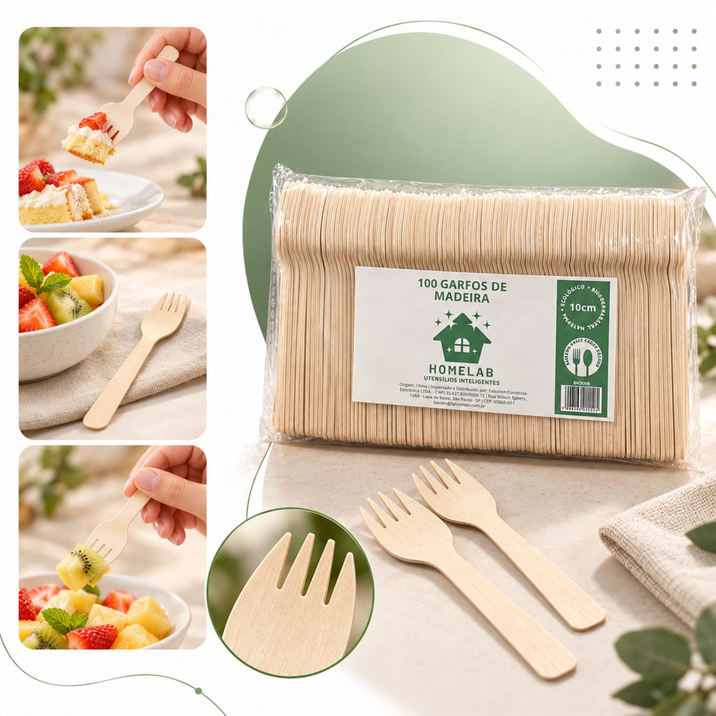 Homelab Kit 100 Unidades Garfos Descartáveis De Madeira Biodegradável 10 cm