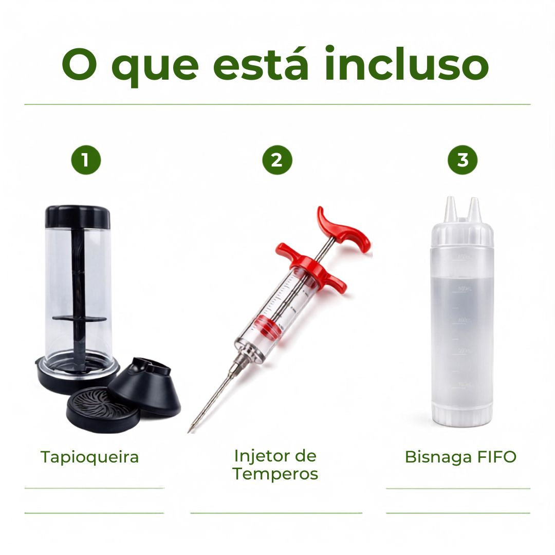 Kit Cozinha Homelab: Tapioqueira Peneira Polvilhador + Injetor de Temperos + Bisnaga FIFO para Molhos